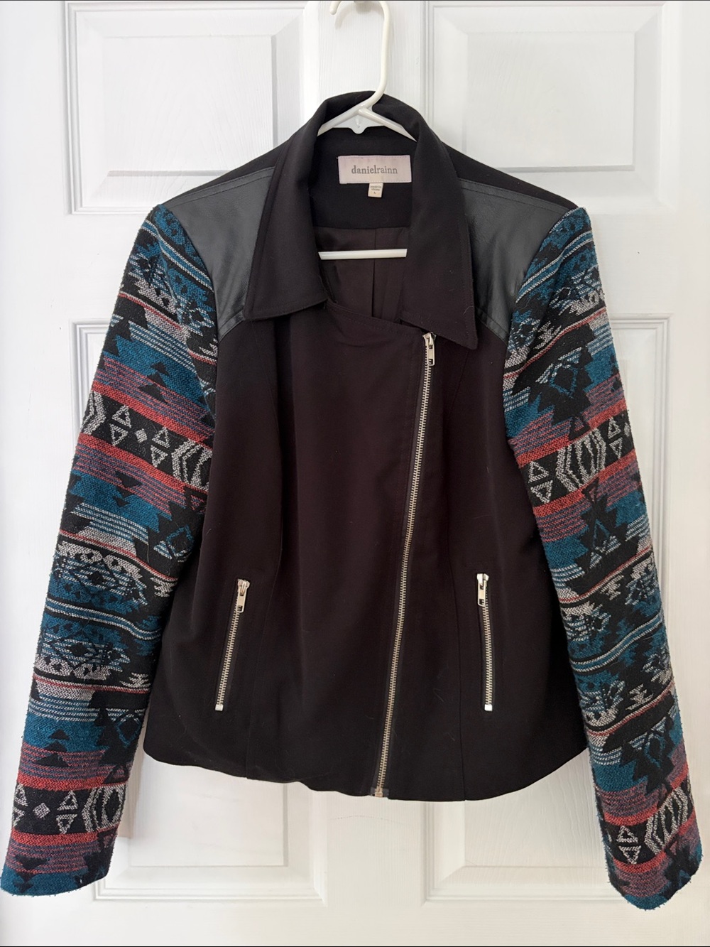 Daniel Rainn Black Jacket with Teal and Red Patterned Sleeves